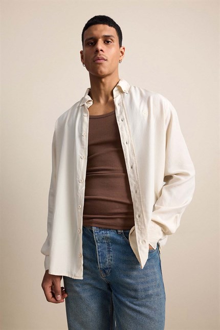 Erkek Relaxed Minimal Nakışlı Basic Tencel Gömlek Bej