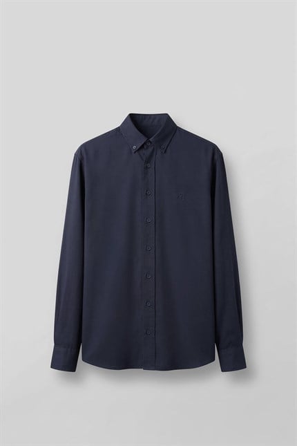 Erkek Relaxed Minimal Nakışlı Basic Tencel Gömlek Lacivert
