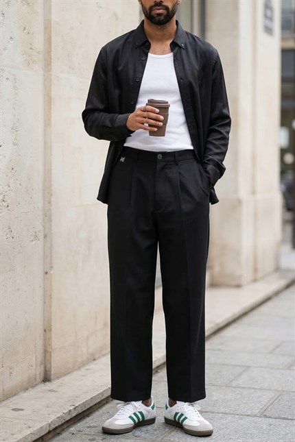 Erkek Relaxed Minimal Nakışlı Basic Tencel Gömlek Siyah