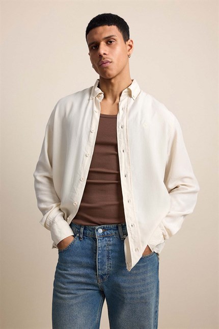 Erkek Relaxed Minimal Nakışlı Basic Tencel Gömlek Bej