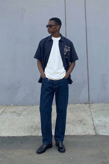 Erkek Relaxed Straight Fit Kontrast Dikişli Jean Pantolon Lacivert
