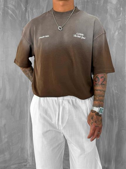 Erkek Yıkamalı Premium Kumaş Oversize T-Shirt Kahverengi