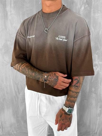 Erkek Yıkamalı Premium Kumaş Oversize T-Shirt Kahverengi