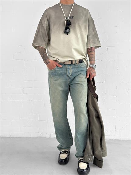 Erkek Rest Baskılı Oversize Yıkamalı T-Shirt Gri