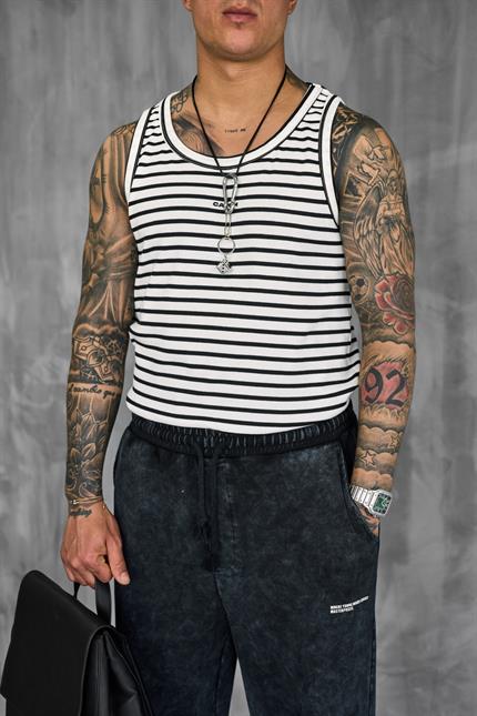 Erkek Ribana Kumaş Çizgili Atlet Beyaz