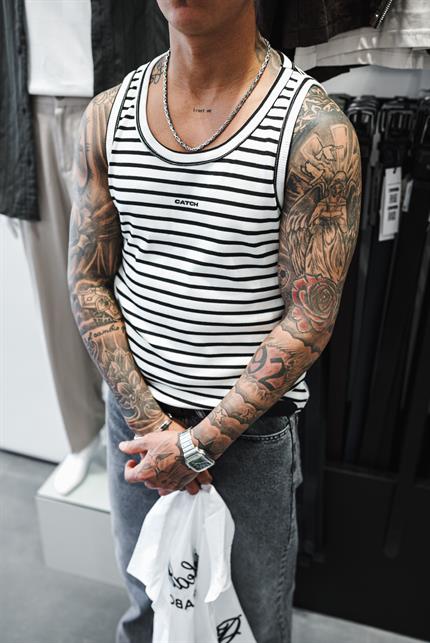 Erkek Ribana Kumaş Çizgili Atlet Beyaz