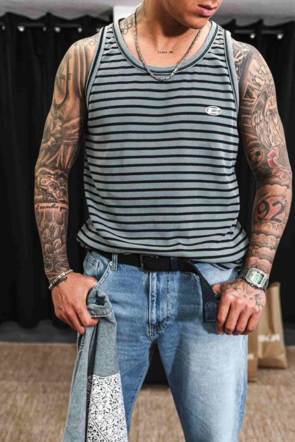 Erkek Ribana Kumaş Çizgili Atlet Gri