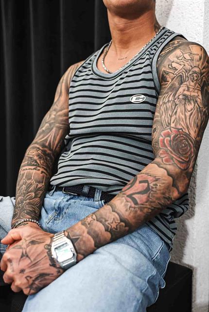 Erkek Ribana Kumaş Çizgili Atlet Gri