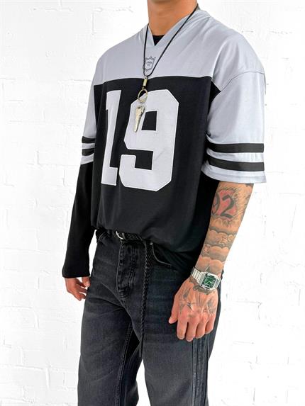 Erkek Sayı Nakışlı Oversize Forma Kumaş T-Shirt Siyah