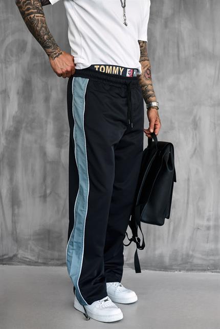 Erkek Şeritli Baggy Fit Teknik Pantolon Siyah