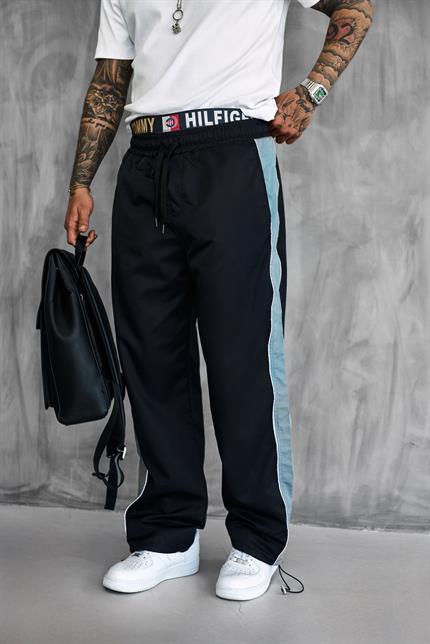 Erkek Şeritli Baggy Fit Teknik Pantolon Siyah