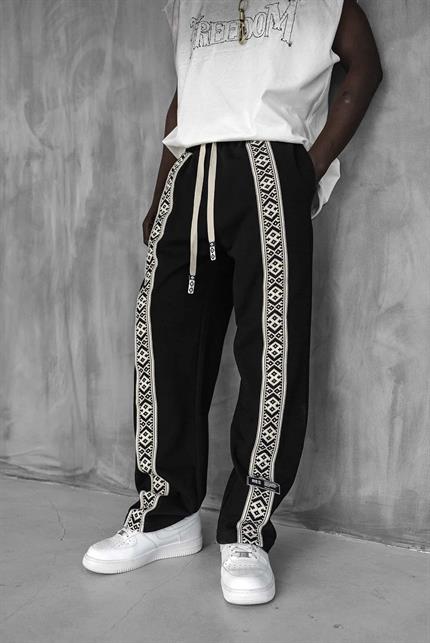 Erkek Şeritli Etnik Desenli Rahat Baggy Fit Eşofman Siyah