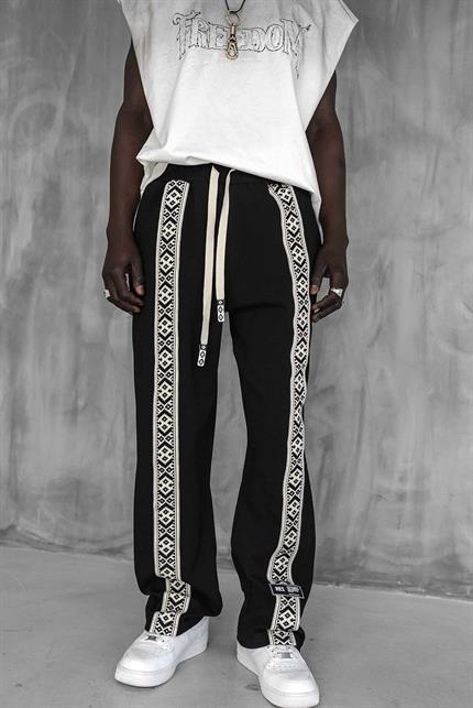 Erkek Şeritli Etnik Desenli Rahat Baggy Fit Eşofman Siyah