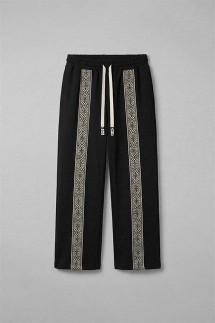 Erkek Şeritli Etnik Desenli Rahat Baggy Fit Eşofman Siyah