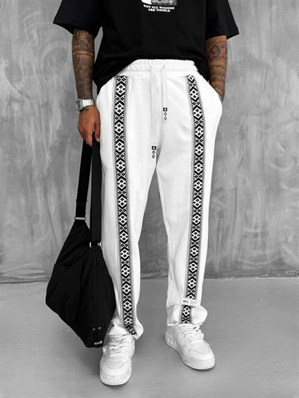 Erkek Şeritli Etnik Desenli Rahat Baggy Fit Eşofman Beyaz