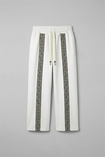 Erkek Şeritli Etnik Desenli Rahat Baggy Fit Eşofman Beyaz