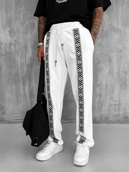 Erkek Şeritli Etnik Desenli Rahat Baggy Fit Eşofman Beyaz