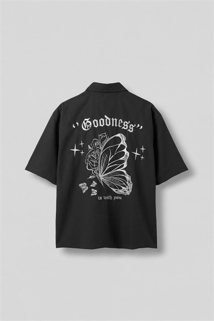 Erkek Sırt Baskılı Kısa Kollu %100 Pamuk Gömlek Siyah