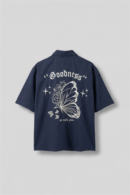 Erkek Sırt Baskılı Kısa Kollu %100 Pamuk Gömlek Lacivert