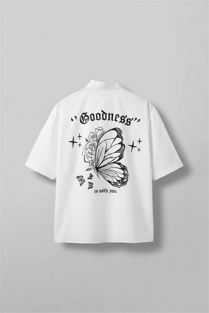 Erkek Sırt Baskılı Kısa Kollu %100 Pamuk Gömlek Beyaz