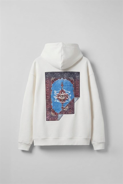 Erkek Sırt Yamalı Oversize Premium Kumaş Hoodie Beyaz