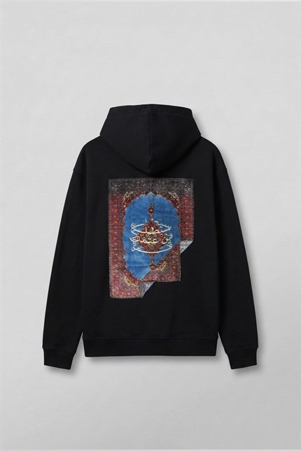 Erkek Sırt Yamalı Oversize Premium Kumaş Hoodie Siyah