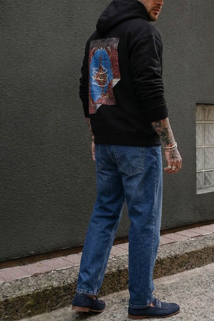 Erkek Sırt Yamalı Oversize Premium Kumaş Hoodie Siyah