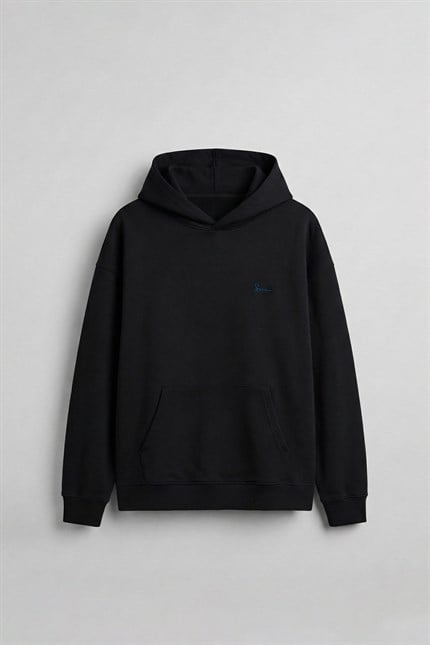 Erkek Sırt Yamalı Oversize Premium Kumaş Hoodie Siyah