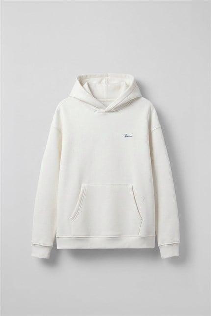 Erkek Sırt Yamalı Oversize Premium Kumaş Hoodie Beyaz