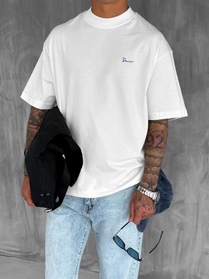 Erkek Sırtı Yamalı Oversize T-Shirt Beyaz