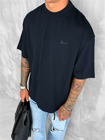 Erkek Sırtı Yamalı Oversize T-Shirt Lacivert