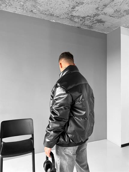 Erkek Şişme Kapitone Deri Mont Siyah