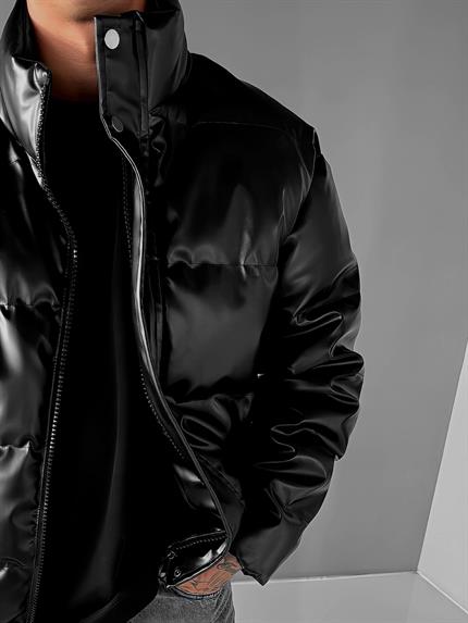 Erkek Şişme Kapitone Deri Mont Siyah