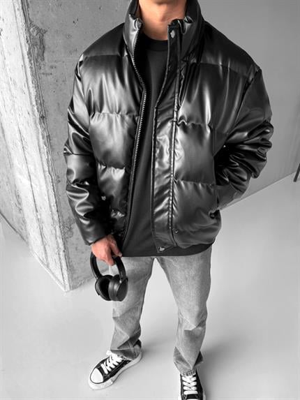 Erkek Şişme Kapitone Deri Mont Siyah