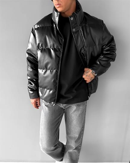 Erkek Şişme Kapitone Deri Mont Siyah