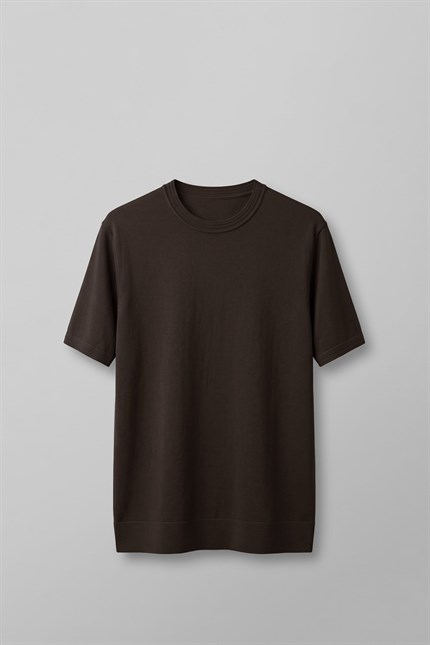 Erkek Slim Fit Bisiklet Yaka Triko Yaka T-Shirt Kahverengi