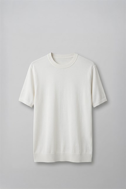 Erkek Slim Fit Bisiklet Yaka Triko Yaka T-Shirt Ekru