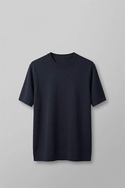 Erkek Slim Fit Bisiklet Yaka Triko Yaka T-Shirt Lacivert