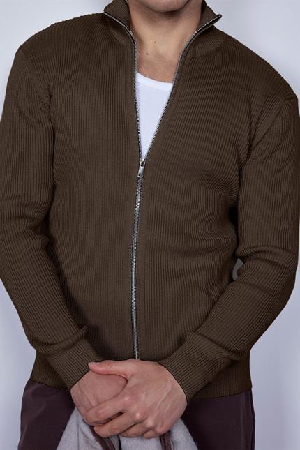 Erkek Slim Fit Dik Yaka Fermuarlı Hırka Kahverengi