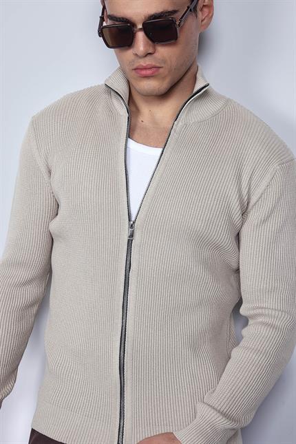 Erkek Slim Fit Dik Yaka Fermuarlı Hırka Bej