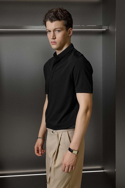 Erkek Slim Fit Düğmeli Triko Yaka Polo T-Shirt Siyah