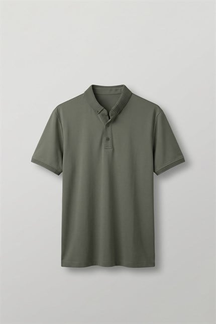 Erkek Slim Fit Düğmeli Triko Yaka Polo T-Shirt Haki