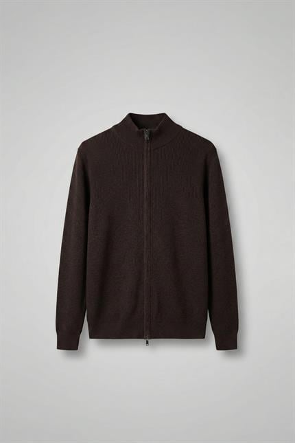 Erkek Slim Fit Fermuarlı Dik Yaka Fitilli Triko Hırka Kahverengi