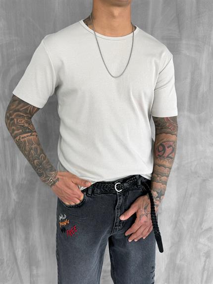 Erkek Slim Fit Fitilli Basic Esnek T-Shirt Taş Rengi
