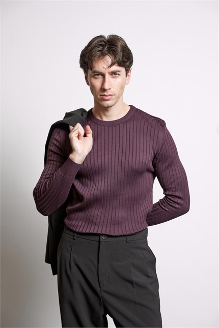 Erkek Slim Fit Fitilli Bisiklet Yaka Triko Kazak Bordo