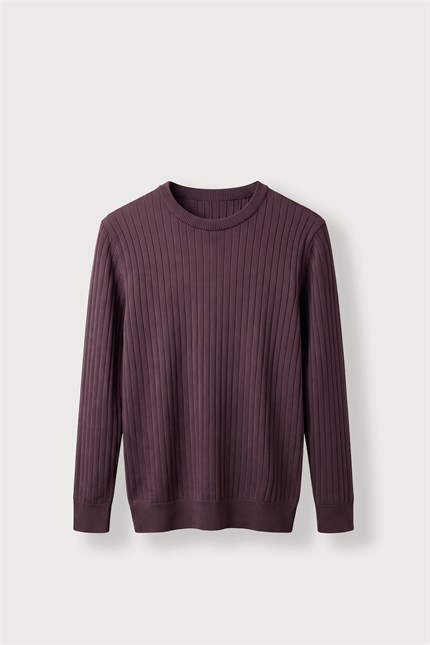 Erkek Slim Fit Fitilli Bisiklet Yaka Triko Kazak Bordo