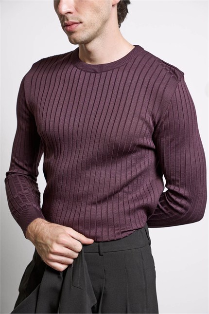 Erkek Slim Fit Fitilli Bisiklet Yaka Triko Kazak Bordo