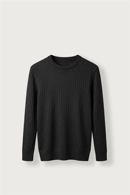 Erkek Slim Fit Fitilli Bisiklet Yaka Triko Kazak Siyah