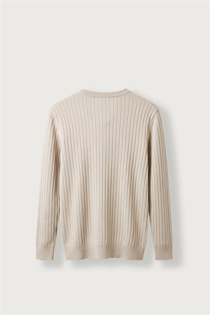 Erkek Slim Fit Fitilli Bisiklet Yaka Triko Kazak Bej
