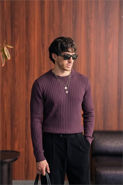 Erkek Slim Fit Fitilli Bisiklet Yaka Triko Kazak Bordo
